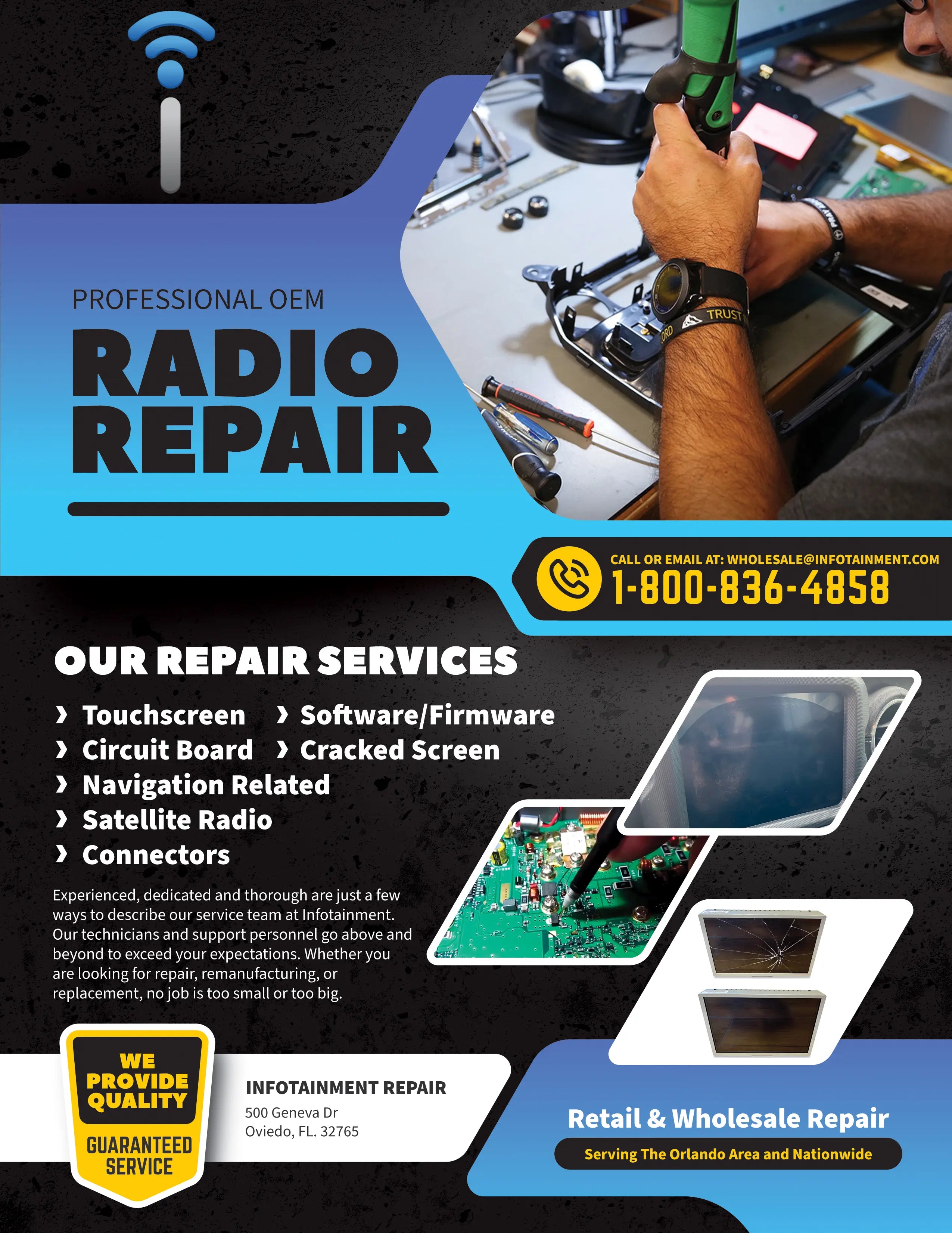 Technician repairing car radio circuit board on workbench